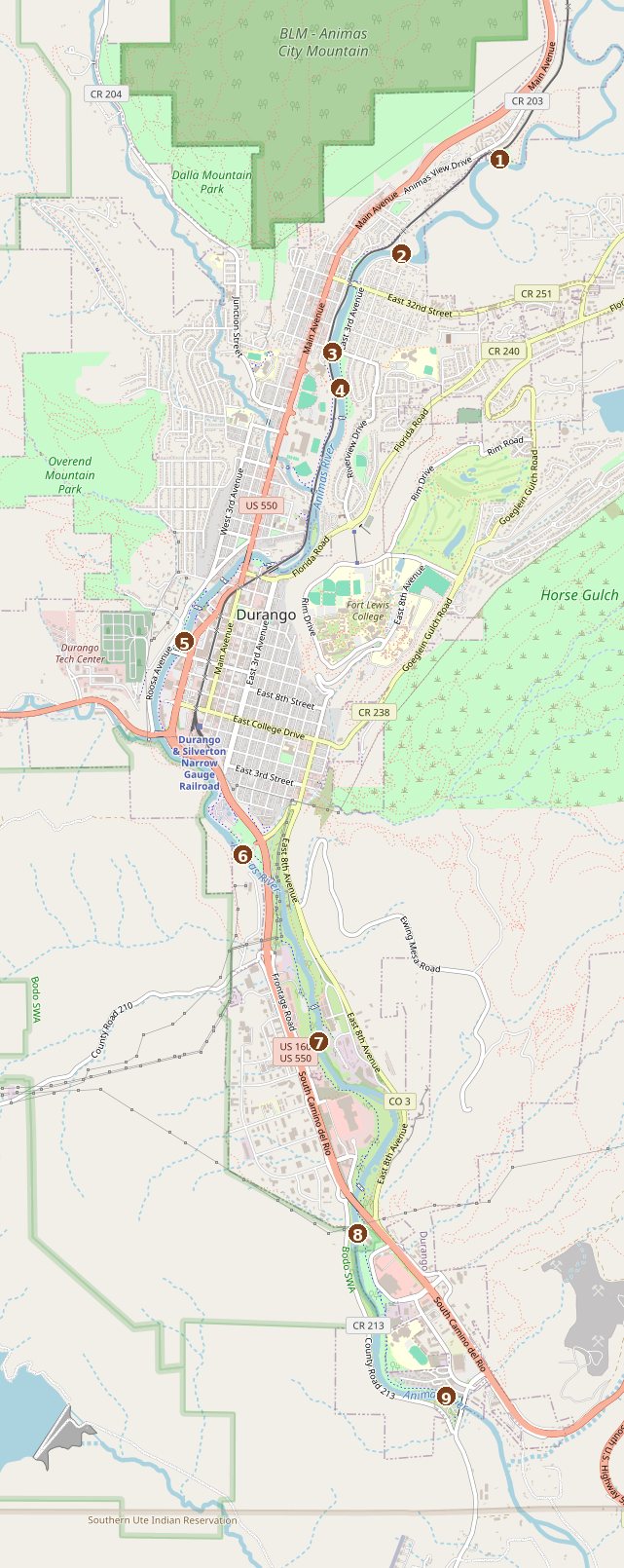Map of Animas River put-ins through Durango, numbered from Oxbow Park to Dallabetta Park