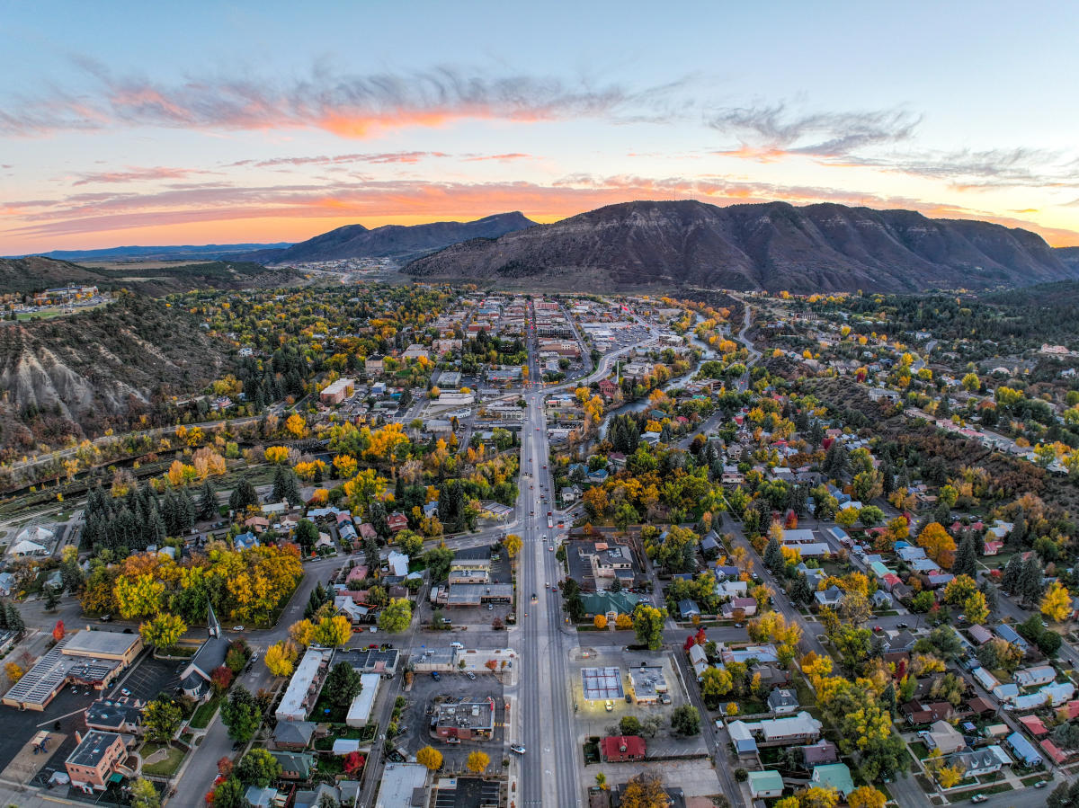 Aerial view of Durango Colorado at sunset