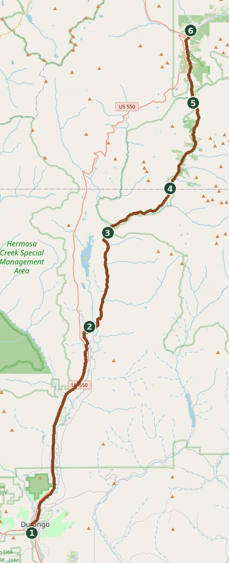 Map of the Durango and Silverton railroad from Durango to Silverton, with six numbered stops