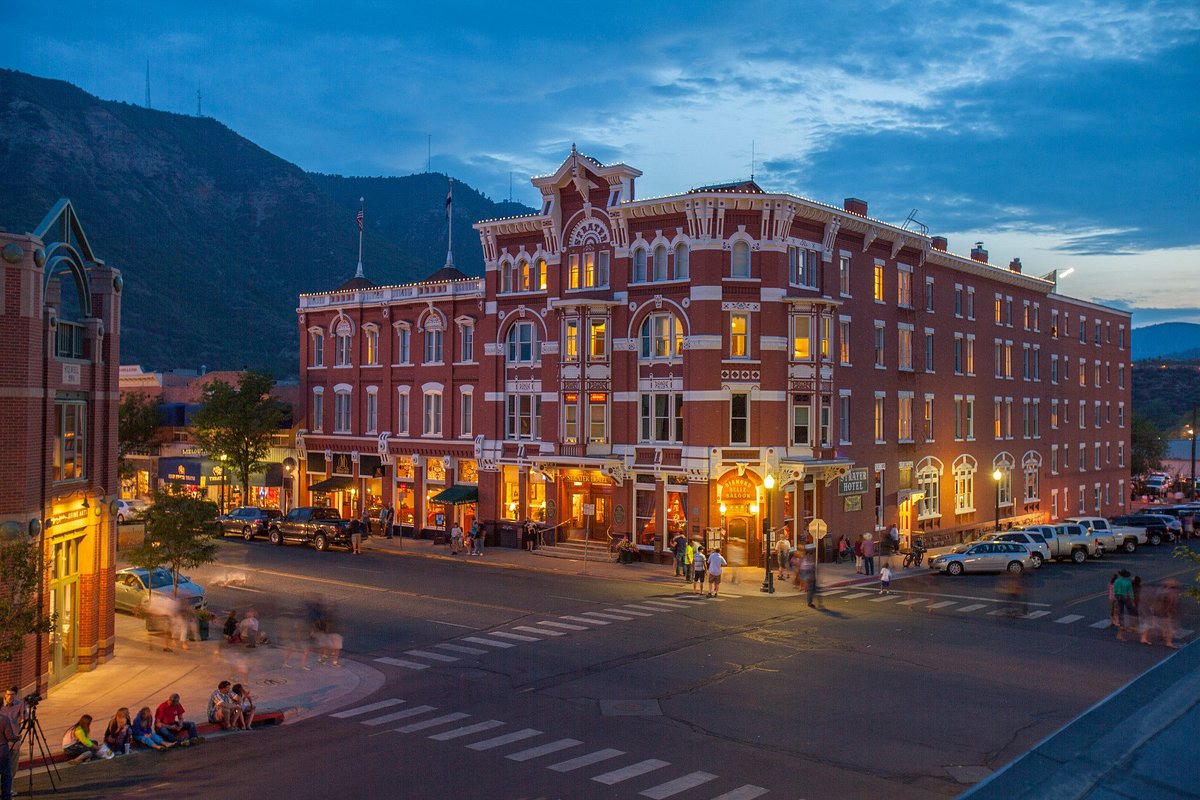 Strater Hotel at dusk in downtown Durango